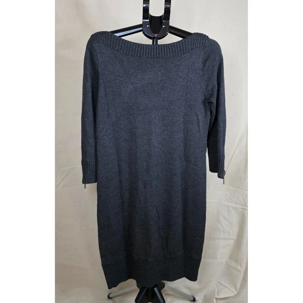 MICHAEL Michael Kors Gray Sweater Dress Medium Boat Neck Zip Trim 3/4 Sleeve